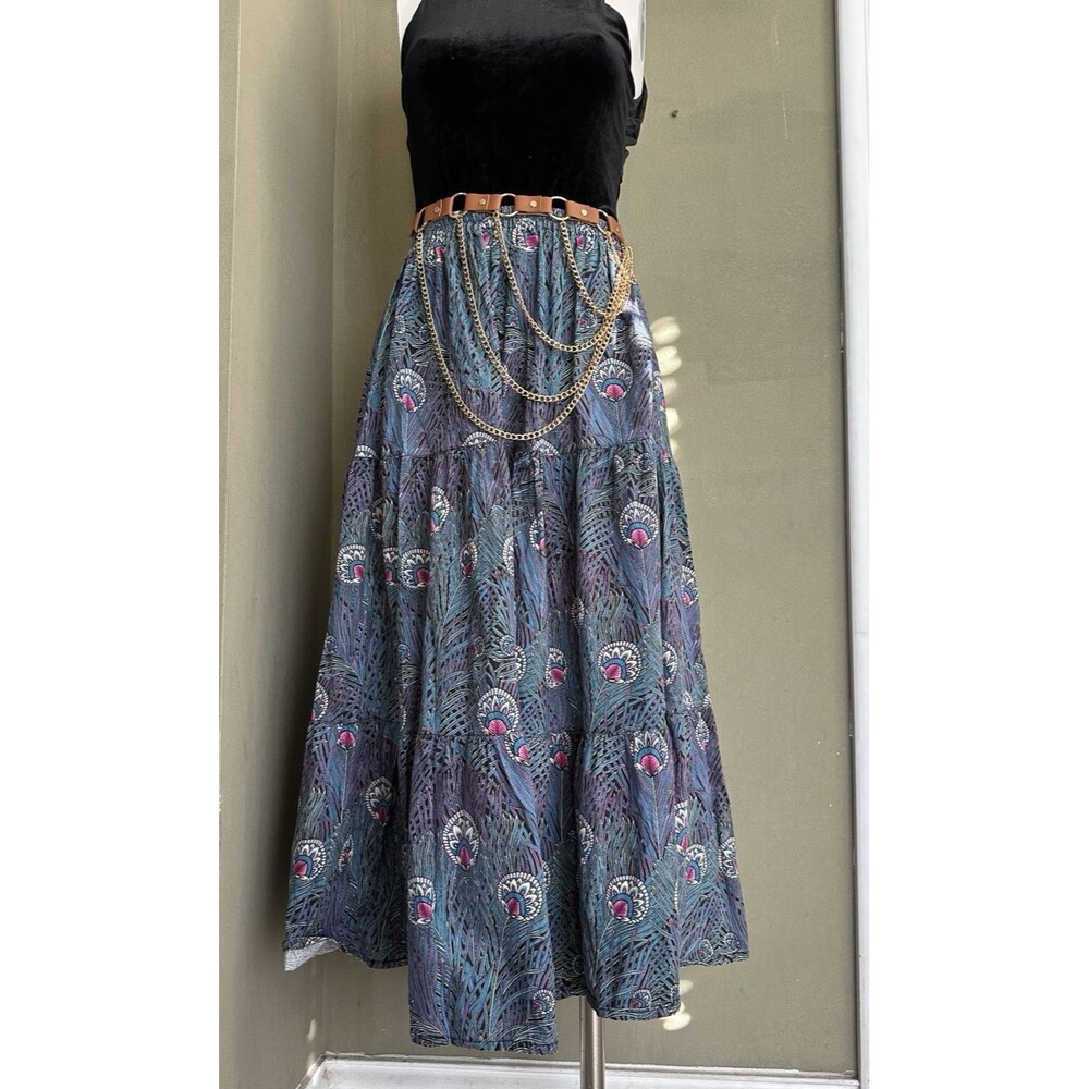 Vintage Joby Design Full Maxi Skirt Peacock Feather Teal‎ Purple S/M  Boho USA
